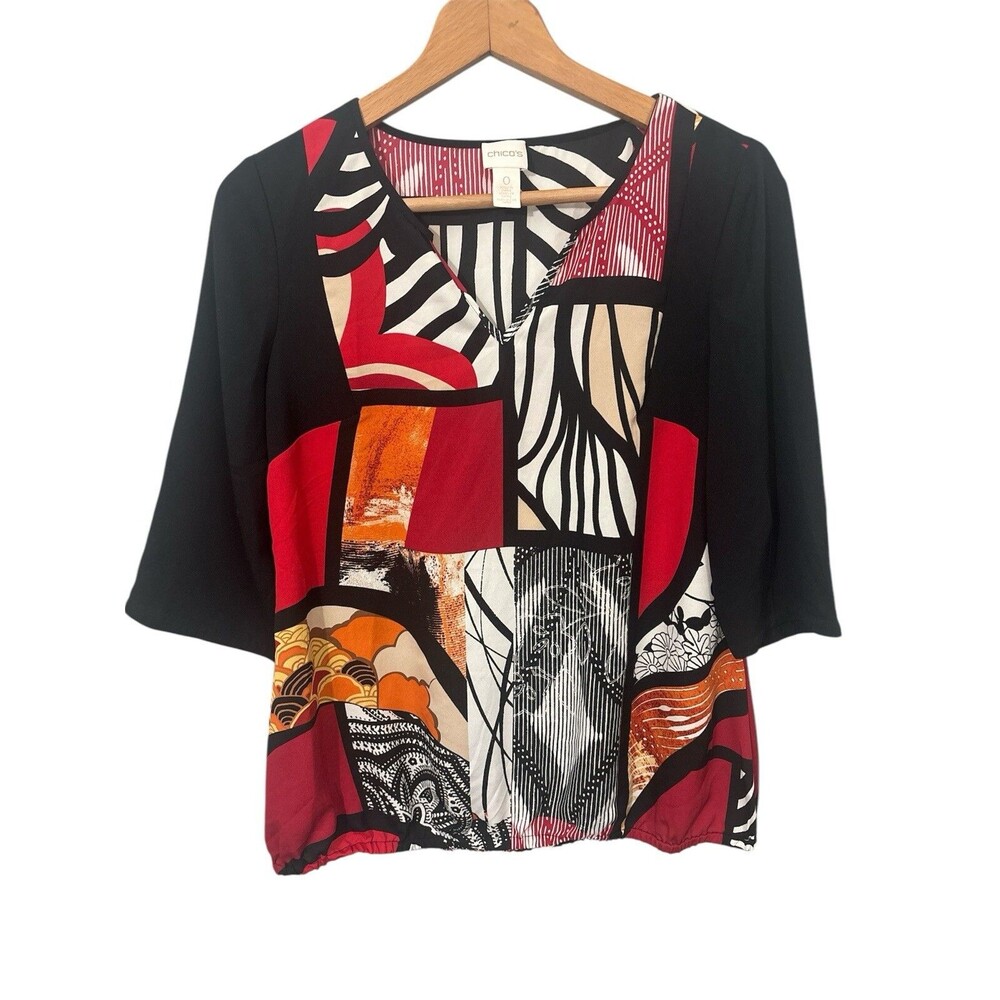 Chico's 0 Small Red Orange Black Geometric Zebra Blouse Top Business Casual